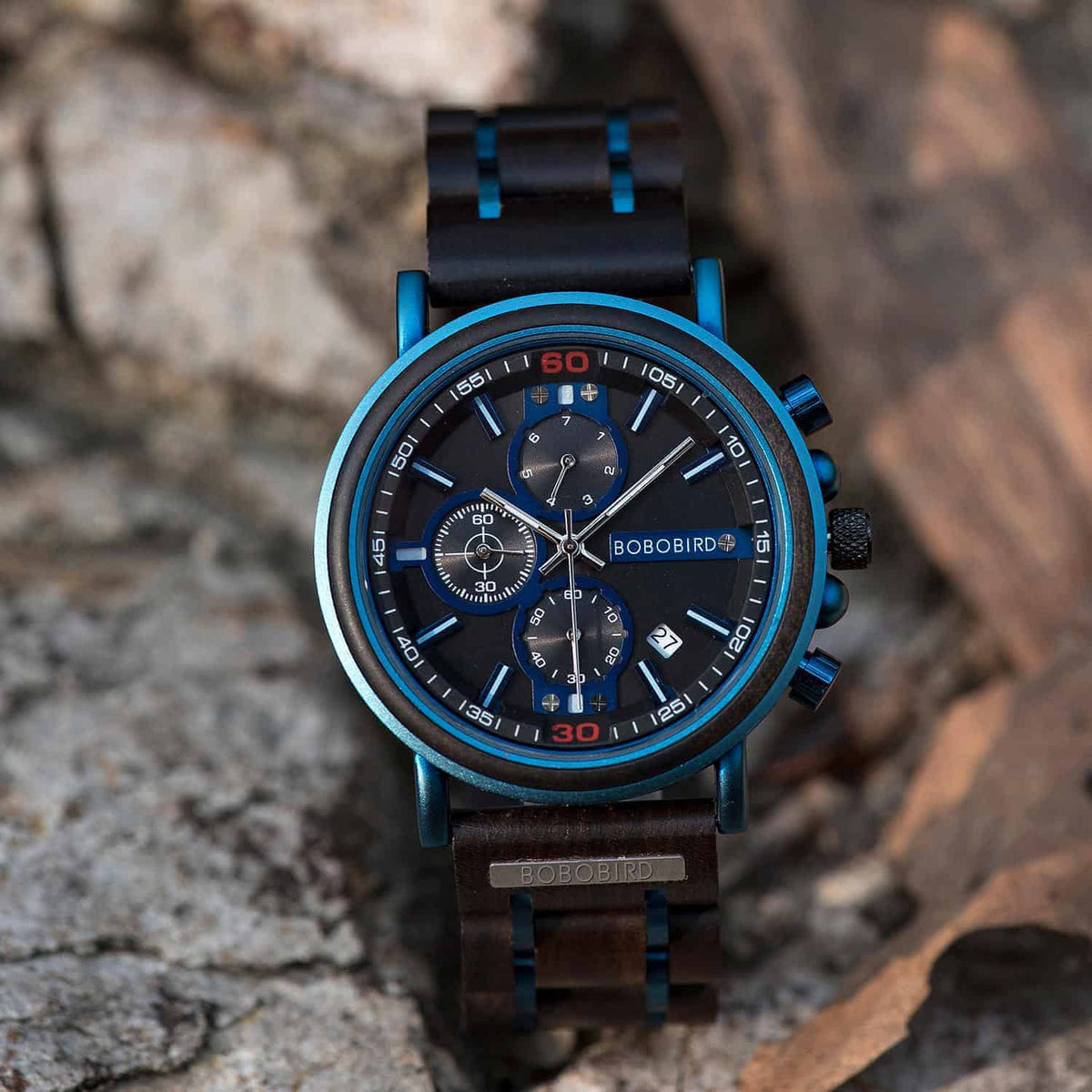 Chronograafhorloge van blauw hout — afbeelding 4