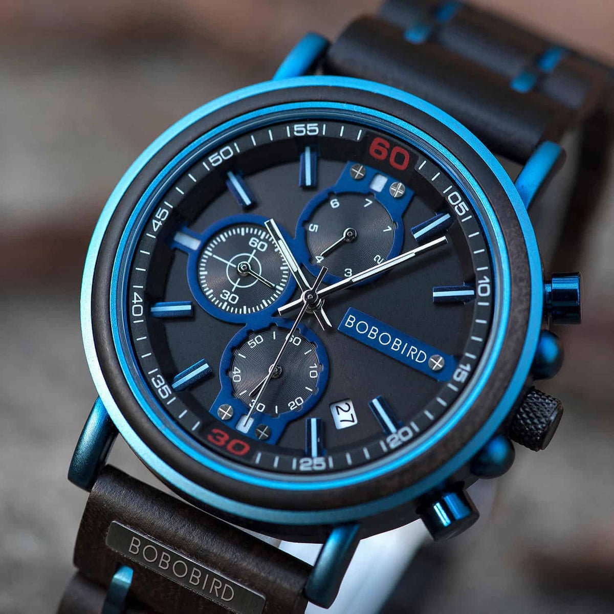 Chronograafhorloge van blauw hout — afbeelding 5
