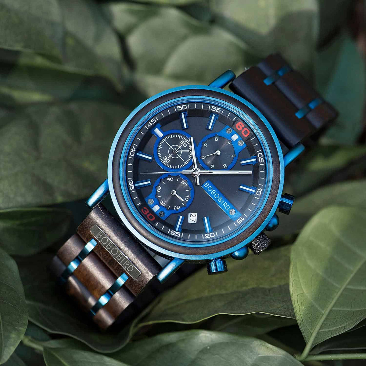 Chronograafhorloge van blauw hout