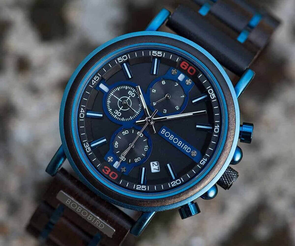 Chronograafhorloge van blauw hout — afbeelding 9