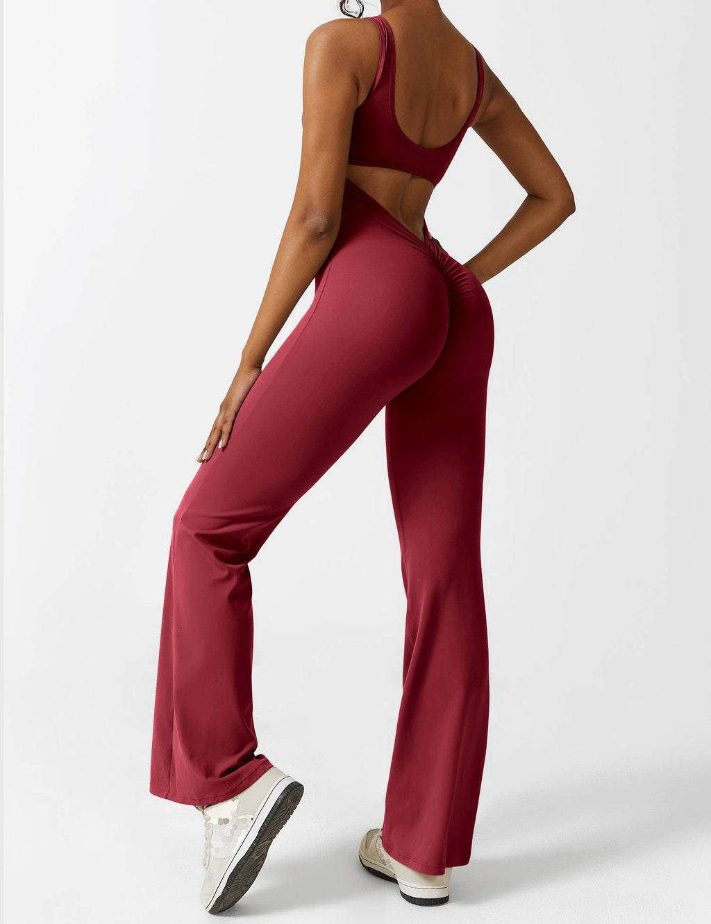 Rugvrije jumpsuit met uitlopende broekspijpen