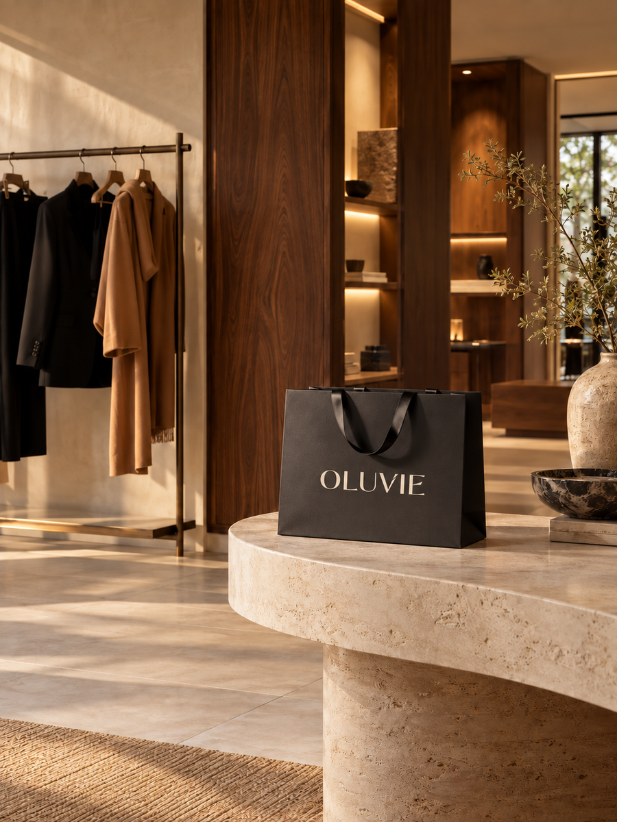 Conceptbeeld van een boutique-interieur met een zwarte Oluvie-tas